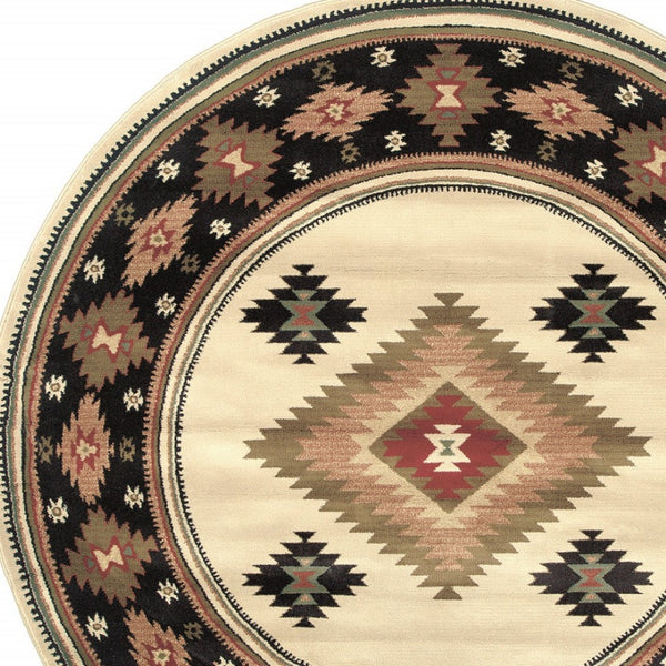 HomeRoots 4' Bold Red and Beige Ikat Pattern Area Rug - Bohemian Charm, Durable, Stain Resistant, Cozy Style 8' Round Round 509045
