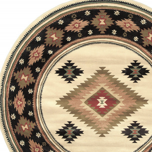 Homeroots 8' Beige Round Southwestern Power Loom Stain Resistant Area Rug Beige,Green Polypropylene 509045