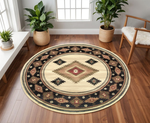 HomeRoots 4' Bold Red and Beige Ikat Pattern Area Rug - Bohemian Charm, Durable, Stain Resistant, Cozy Style 8' Round Round 509045