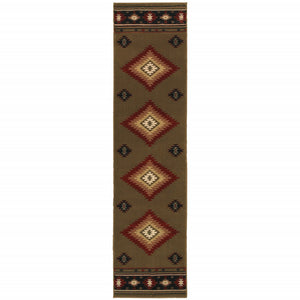 Homeroots 2' X 8' Green Southwestern Power Loom Stain Resistant Runner Rug Green,Red Polypropylene 509049