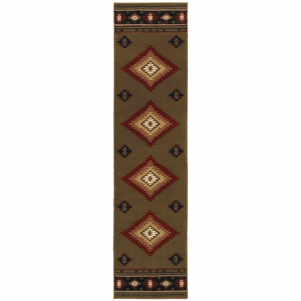 Homeroots 2' X 8' Green Southwestern Power Loom Stain Resistant Runner Rug Green,Red Polypropylene 509049
