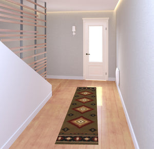 Homeroots 2' X 8' Green Southwestern Power Loom Stain Resistant Runner Rug Green,Red Polypropylene 509049