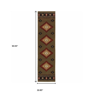 Homeroots 2' X 8' Green Southwestern Power Loom Stain Resistant Runner Rug Green,Red Polypropylene 509049