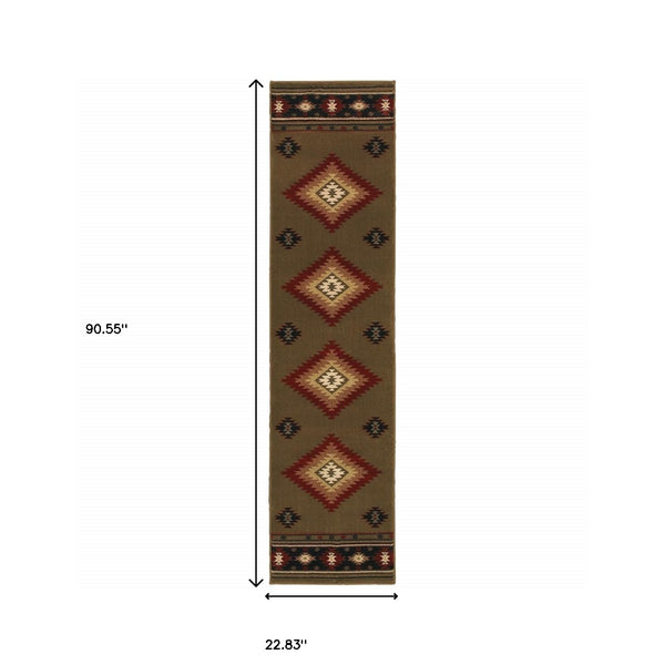 Homeroots 2' X 8' Green Southwestern Power Loom Stain Resistant Runner Rug Green,Red Polypropylene 509049