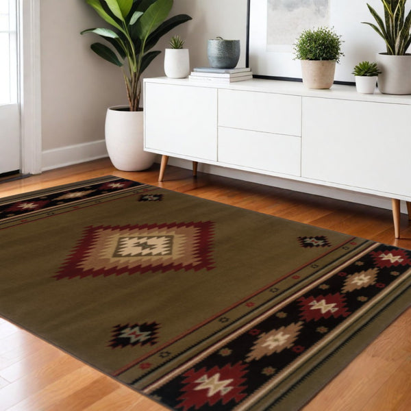 HomeRoots 4' Bold Southwestern Black and Green Power Loom Area Rug - Stain Resistant for High-Traffic Spaces 4' X 6' Rectangle 509050