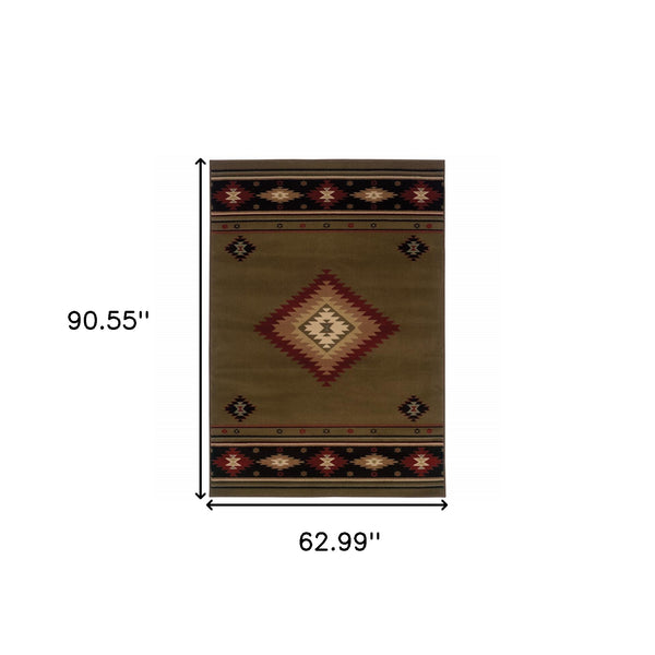 Homeroots 5' X 8' Green Southwestern Power Loom Stain Resistant Area Rug Green,Red Polypropylene 509051