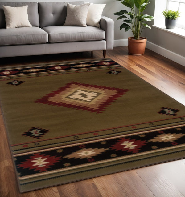 HomeRoots 4' Bold Southwestern Black and Green Power Loom Area Rug - Stain Resistant for High-Traffic Spaces 5' X 8' Rectangle 509051