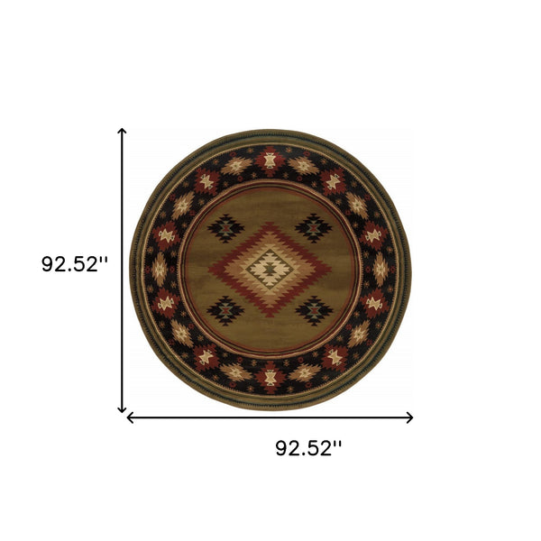 Homeroots 8' Green Round Southwestern Power Loom Stain Resistant Area Rug Green,Red Polypropylene 509053