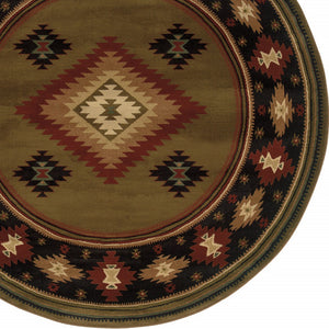 Homeroots 8' Green Round Southwestern Power Loom Stain Resistant Area Rug Green,Red Polypropylene 509053