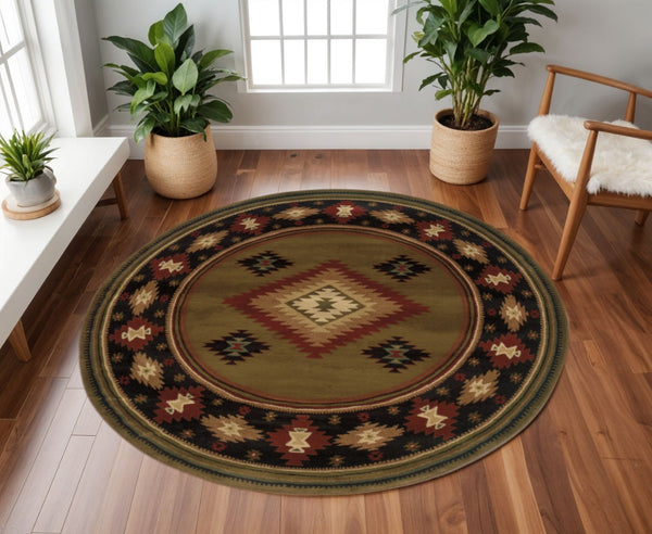 HomeRoots 4' Bold Red and Beige Ikat Pattern Area Rug - Bohemian Charm, Durable, Stain Resistant, Cozy Style 8' Round Round 509053