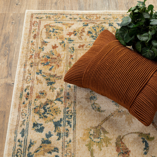 Homeroots 5' X 7' Beige Gold And Teal Oriental Power Loom Stain Resistant Area Rug Beige,Gold Polypropylene 509069