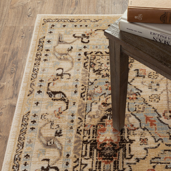 Homeroots 5' X 7' Beige Grey Dolphin Blue Deep Teal Gold And Orange Oriental Power Loom Stain Resistant Area Rug  Polypropylene 509081