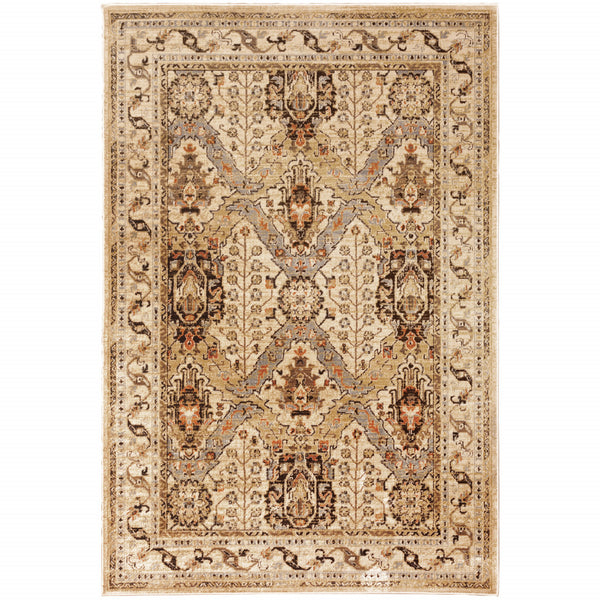 Homeroots 10' X 13' Beige Grey Dolphin Blue Deep Teal Gold And Orange Oriental Power Loom Stain Resistant Area Rug  Polypropylene 509084
