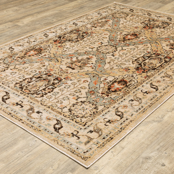 Homeroots 10' X 13' Beige Grey Dolphin Blue Deep Teal Gold And Orange Oriental Power Loom Stain Resistant Area Rug  Polypropylene 509084