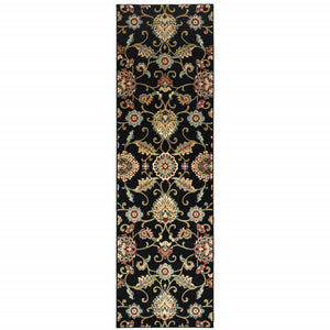 Homeroots 2' X 8' Black Red Green Ivory Salmon And Yellow Floral Power Loom Stain Resistant Runner Rug Black,Multi Polypropylene 509086