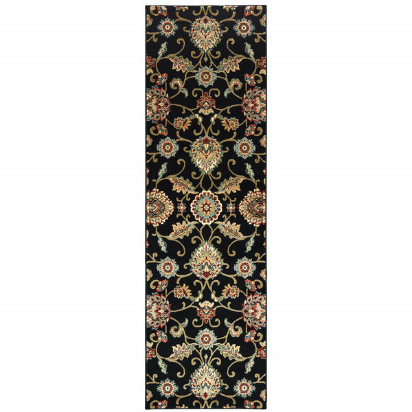 Homeroots 2' X 8' Black Red Green Ivory Salmon And Yellow Floral Power Loom Stain Resistant Runner Rug Black,Multi Polypropylene 509086