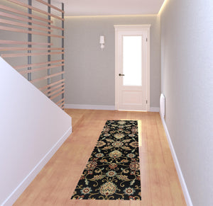 Homeroots 2' X 8' Black Red Green Ivory Salmon And Yellow Floral Power Loom Stain Resistant Runner Rug Black,Multi Polypropylene 509086