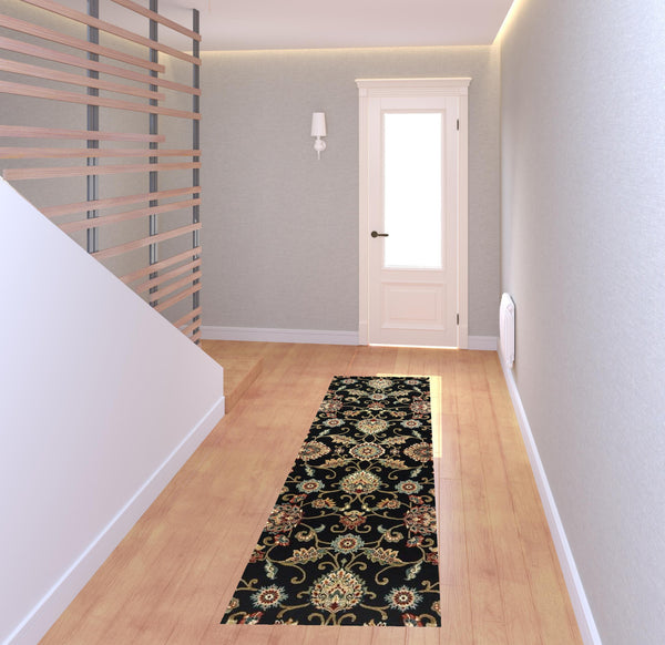 Homeroots 2' X 8' Black Red Green Ivory Salmon And Yellow Floral Power Loom Stain Resistant Runner Rug Black,Multi Polypropylene 509086