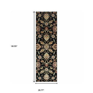 Homeroots 2' X 8' Black Red Green Ivory Salmon And Yellow Floral Power Loom Stain Resistant Runner Rug Black,Multi Polypropylene 509086