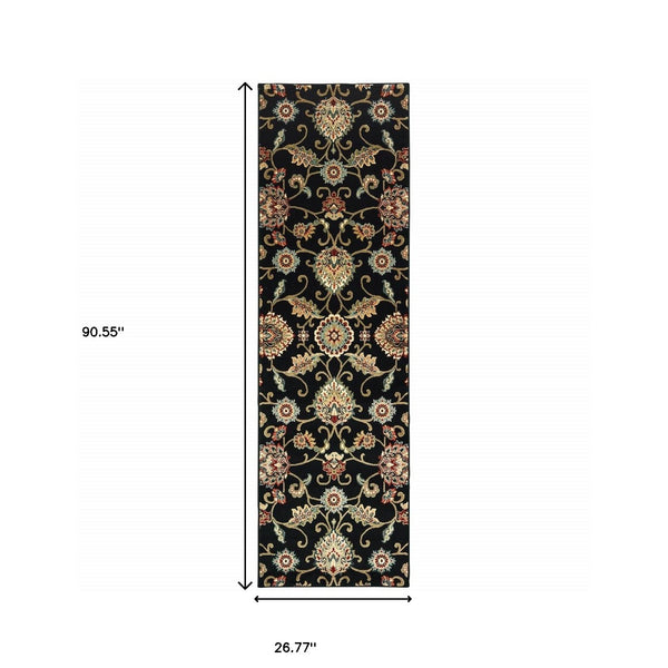 Homeroots 2' X 8' Black Red Green Ivory Salmon And Yellow Floral Power Loom Stain Resistant Runner Rug Black,Multi Polypropylene 509086