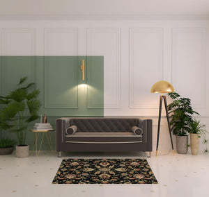 Homeroots 4' X 6' Black Red Green Ivory Salmon And Yellow Floral Power Loom Stain Resistant Area Rug Black,Multi Polypropylene 509087