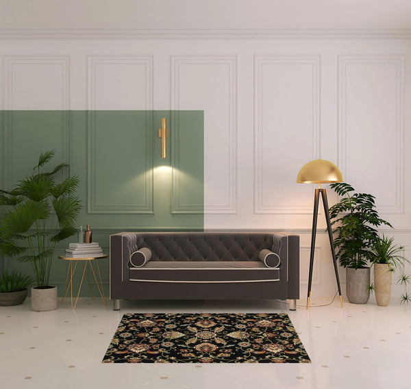 Homeroots 4' X 6' Black Red Green Ivory Salmon And Yellow Floral Power Loom Stain Resistant Area Rug Black,Multi Polypropylene 509087