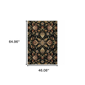 Homeroots 4' X 6' Black Red Green Ivory Salmon And Yellow Floral Power Loom Stain Resistant Area Rug Black,Multi Polypropylene 509087