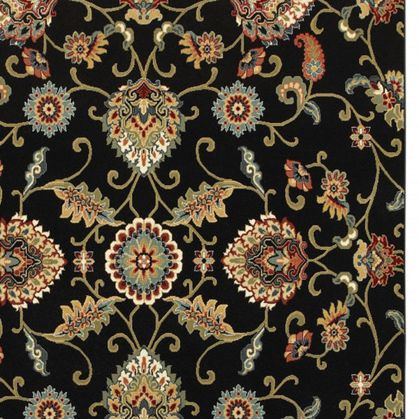 Homeroots 4' X 6' Black Red Green Ivory Salmon And Yellow Floral Power Loom Stain Resistant Area Rug Black,Multi Polypropylene 509087