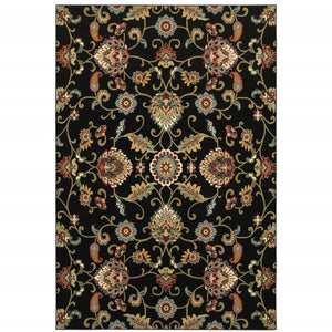 Homeroots 4' X 6' Black Red Green Ivory Salmon And Yellow Floral Power Loom Stain Resistant Area Rug Black,Multi Polypropylene 509087