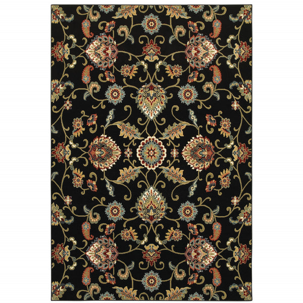 Homeroots 4' X 6' Black Red Green Ivory Salmon And Yellow Floral Power Loom Stain Resistant Area Rug Black,Multi Polypropylene 509087
