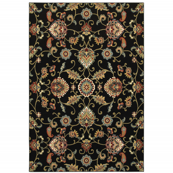 Homeroots 5' X 8' Black Red Green Ivory Salmon And Yellow Floral Power Loom Stain Resistant Area Rug Black,Multi Polypropylene 509088