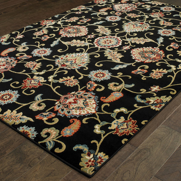 Homeroots 5' X 8' Black Red Green Ivory Salmon And Yellow Floral Power Loom Stain Resistant Area Rug Black,Multi Polypropylene 509088