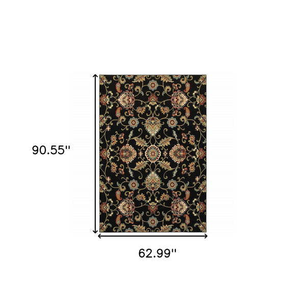 Homeroots 5' X 8' Black Red Green Ivory Salmon And Yellow Floral Power Loom Stain Resistant Area Rug Black,Multi Polypropylene 509088