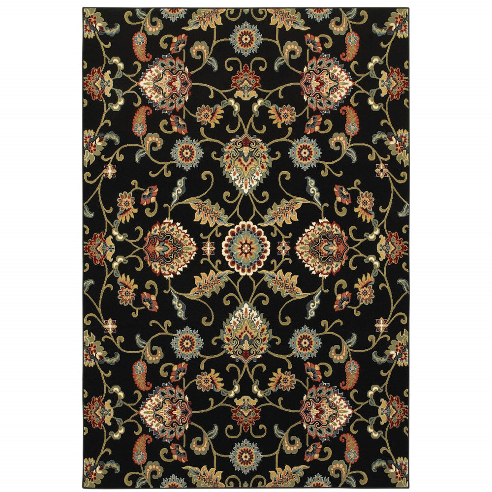 Homeroots 8' X 11' Black Red Green Ivory Salmon And Yellow Floral Power Loom Stain Resistant Area Rug Black,Multi Polypropylene 509090