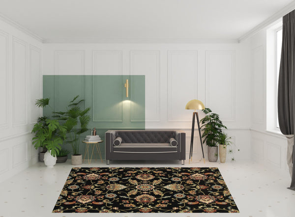 Homeroots 8' X 11' Black Red Green Ivory Salmon And Yellow Floral Power Loom Stain Resistant Area Rug Black,Multi Polypropylene 509090