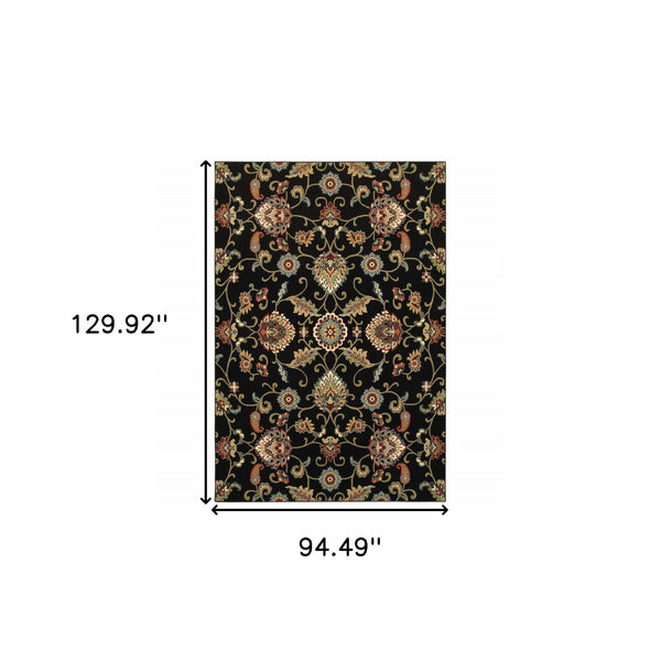 Homeroots 8' X 11' Black Red Green Ivory Salmon And Yellow Floral Power Loom Stain Resistant Area Rug Black,Multi Polypropylene 509090