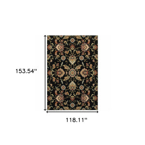 Homeroots 10' X 13' Black Red Green Ivory Salmon And Yellow Floral Power Loom Stain Resistant Area Rug Black,Multi Polypropylene 509091