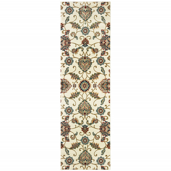 Homeroots 2' X 8' Ivory Floral Power Loom Stain Resistant Runner Rug Ivory,Multi Polypropylene 509093