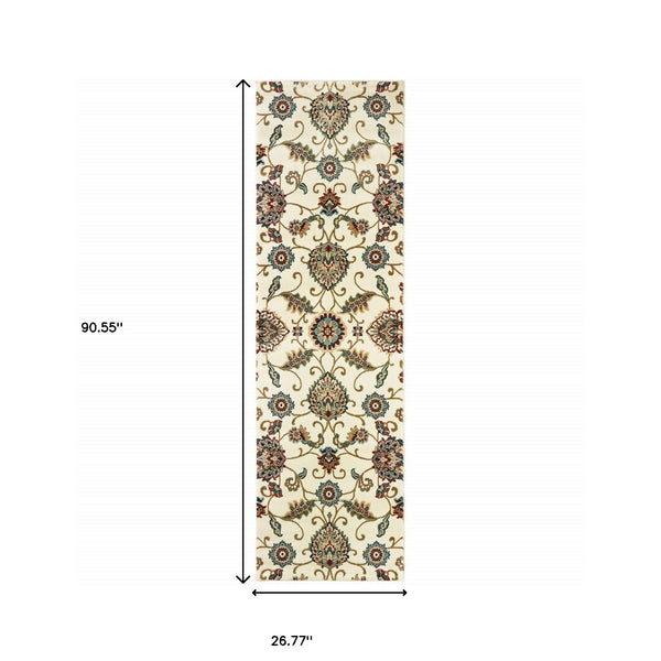 Homeroots 2' X 8' Ivory Floral Power Loom Stain Resistant Runner Rug Ivory,Multi Polypropylene 509093