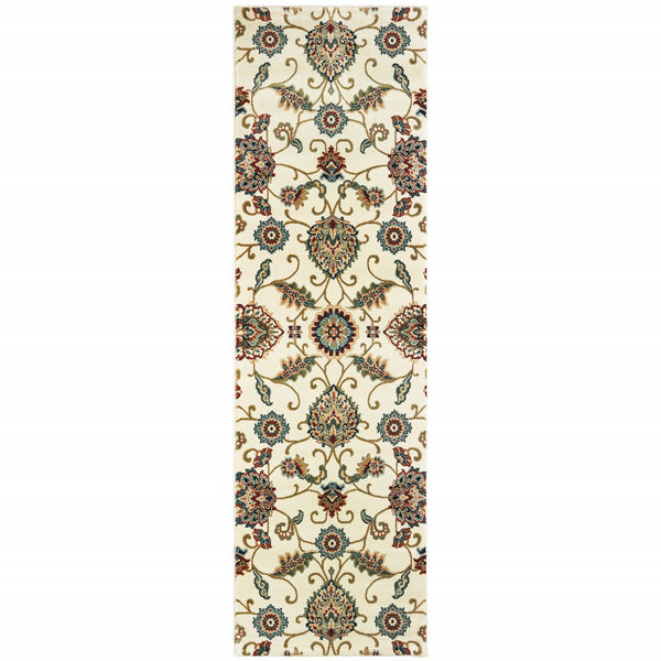 Homeroots 2' X 8' Ivory Floral Power Loom Stain Resistant Runner Rug Ivory,Multi Polypropylene 509093