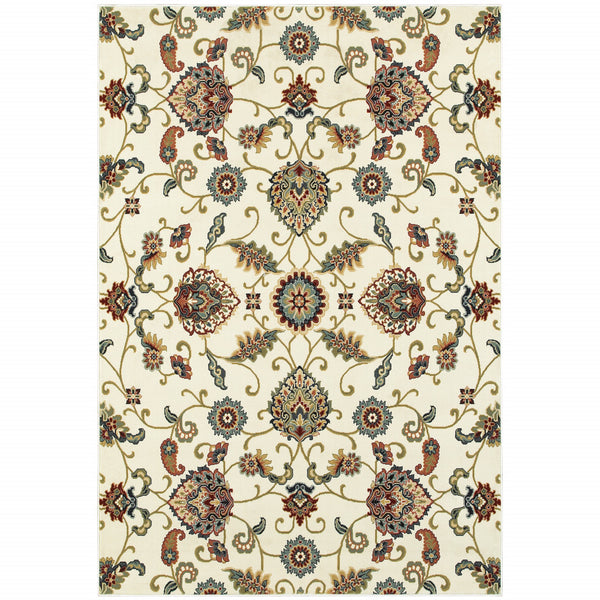 Homeroots 4' X 6' Ivory Green Blue Red Salmon And Yellow Floral Power Loom Stain Resistant Area Rug Ivory,Multi Polypropylene 509094