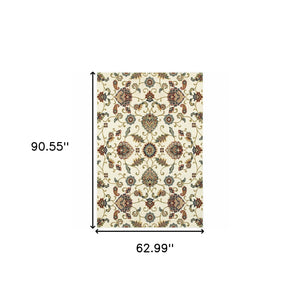 Homeroots 5' X 8' Ivory Green Blue Red Salmon And Yellow Floral Power Loom Stain Resistant Area Rug Ivory,Multi Polypropylene 509095