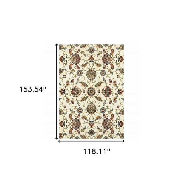 Homeroots 10' X 13' Ivory Green Blue Red Salmon And Yellow Floral Power Loom Stain Resistant Area Rug Ivory,Multi Polypropylene 509098