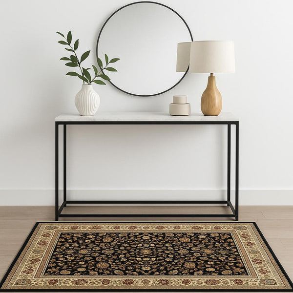 HomeRoots 4' Black and Ivory Power Loomed Oriental Area Rug - Stain Resistant, Timeless Elegance for Any Room 4' X 6' 509101