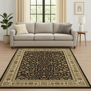 HomeRoots 4' Black and Ivory Power Loomed Oriental Area Rug - Stain Resistant, Timeless Elegance for Any Room 7' X 10' 509103