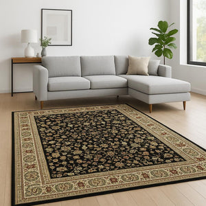 HomeRoots 4' Black and Ivory Power Loomed Oriental Area Rug - Stain Resistant, Timeless Elegance for Any Room 8' X 11' 509104
