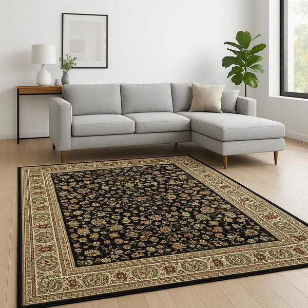 HomeRoots 4' Black and Ivory Power Loomed Oriental Area Rug - Stain Resistant, Timeless Elegance for Any Room 8' X 11' 509104