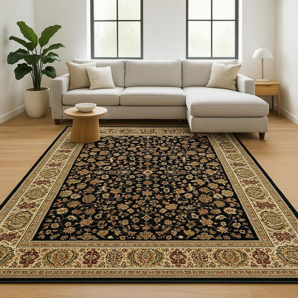 HomeRoots 4' Black and Ivory Power Loomed Oriental Area Rug - Stain Resistant, Timeless Elegance for Any Room 10' X 13' 509105