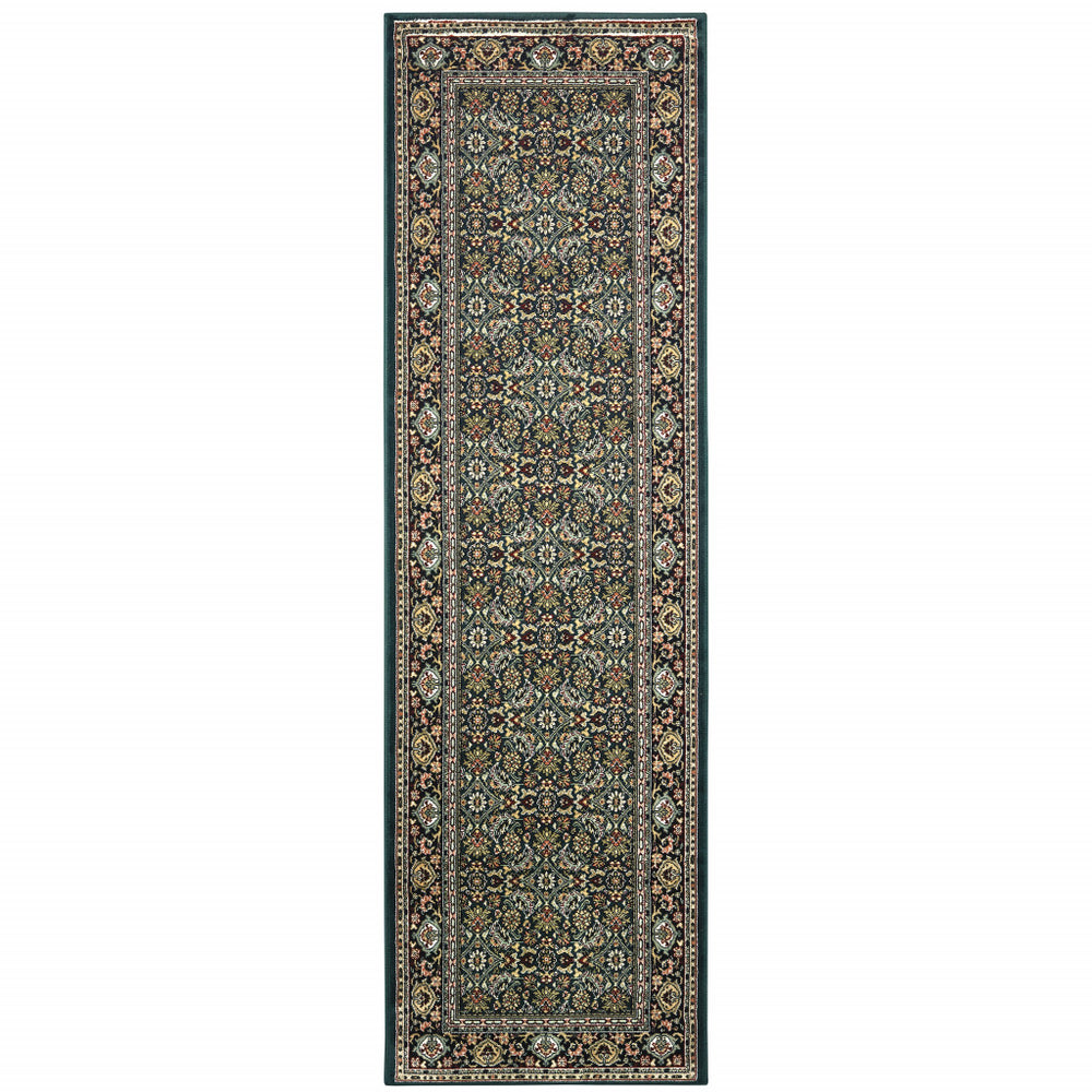 Homeroots 2' X 8' Navy Blue Green Red Ivory And Yellow Oriental Power Loom Stain Resistant Runner Rug  Polypropylene 509114
