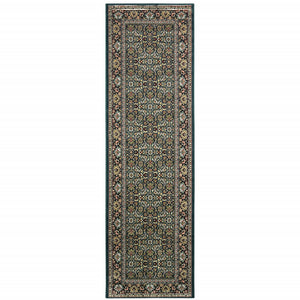 Homeroots 2' X 8' Navy Blue Green Red Ivory And Yellow Oriental Power Loom Stain Resistant Runner Rug  Polypropylene 509114
